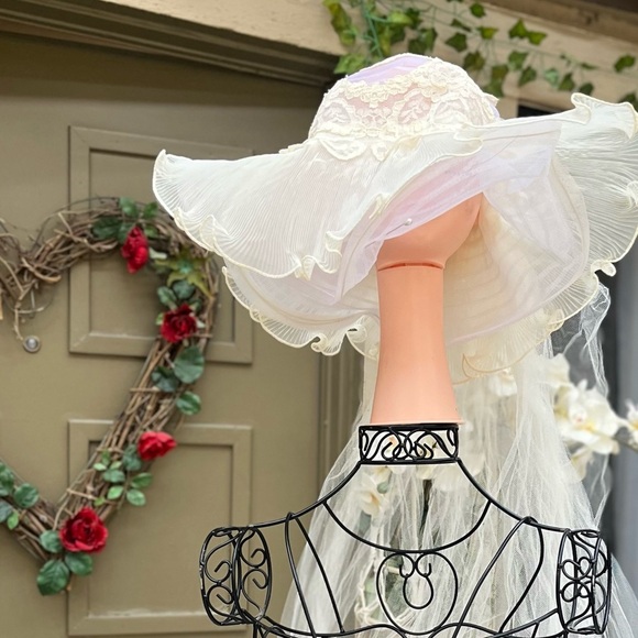 Elegant White Lace Wedding Hat with Veil cream flowers OS main image 5
